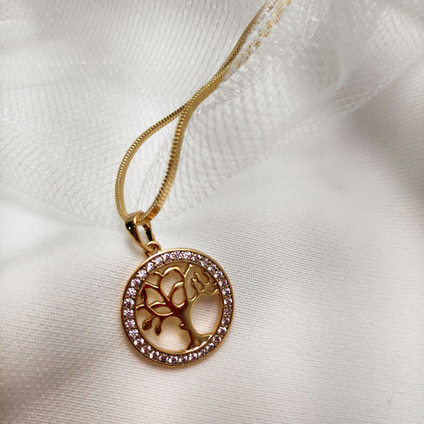 Подвеска "Дерево жизни" / Кулон 2,0 см. на цепочке Snake под золото / Украшение женское на шею в обрамлении камней